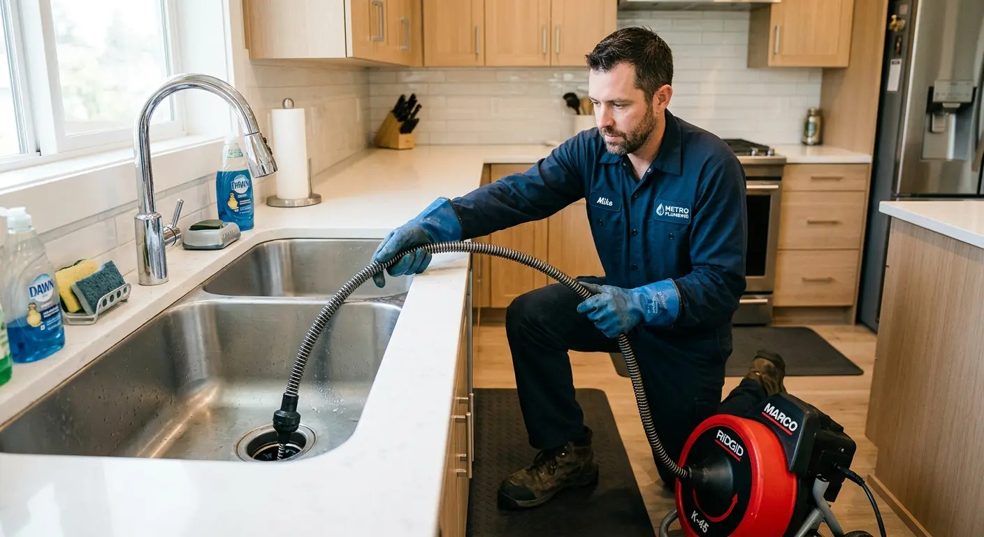 Drain cleaning technician using a motorized snake on a kitchen sink in Sun City