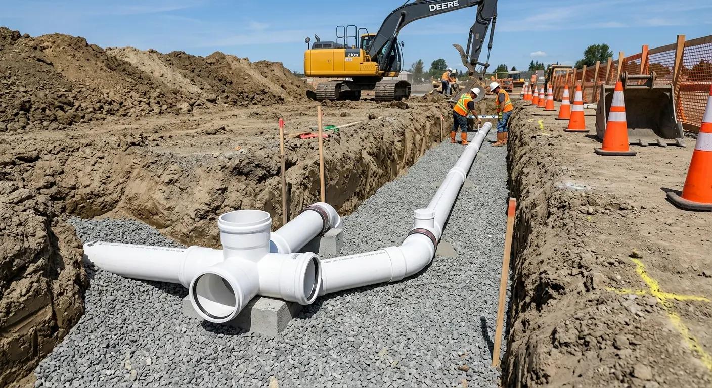 New PVC sewer pipe installation in open trench for Sewer Backup in Sun City