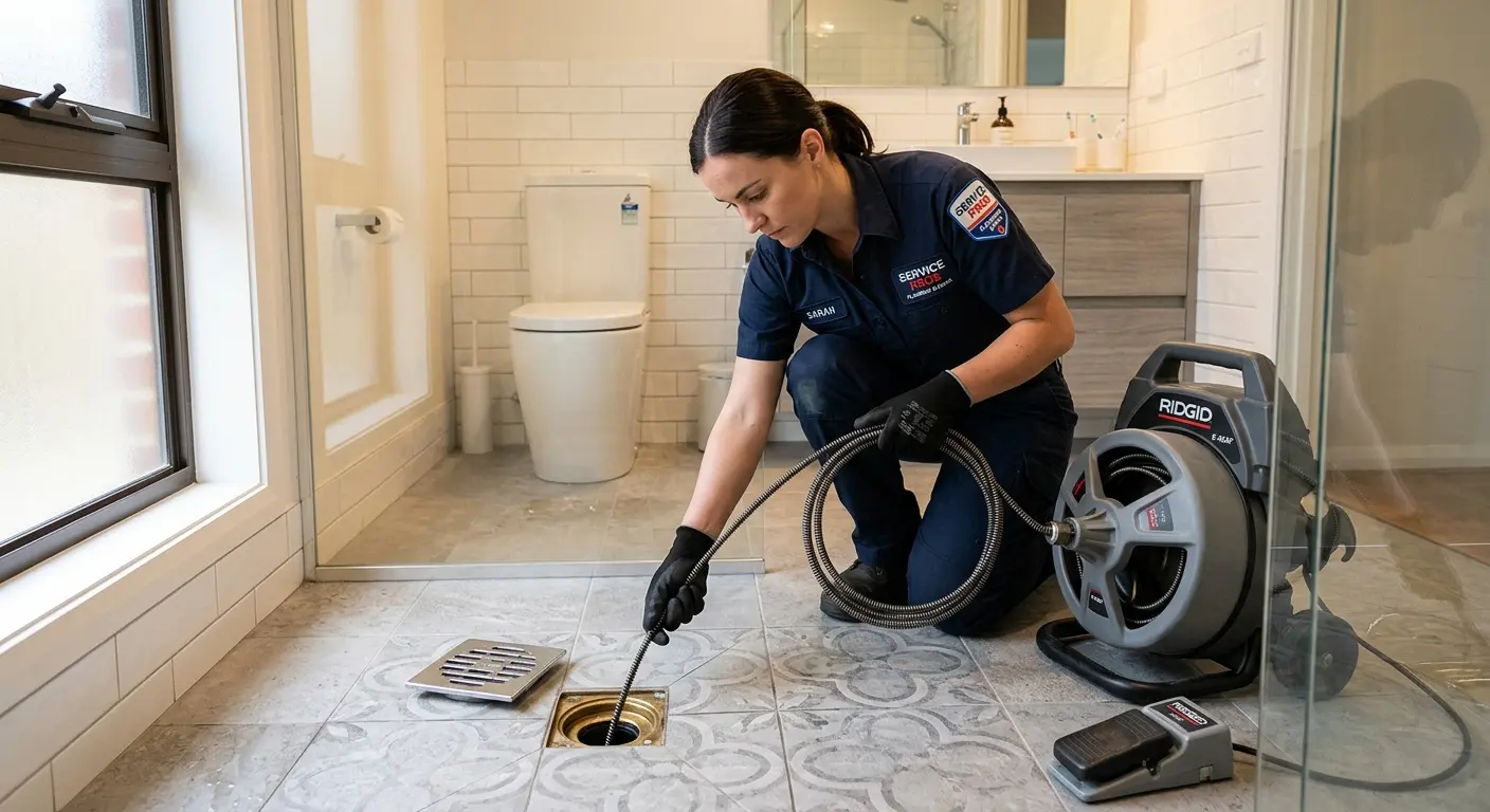Technician clearing a bathroom floor drain for Drain Cleaning in Sun City